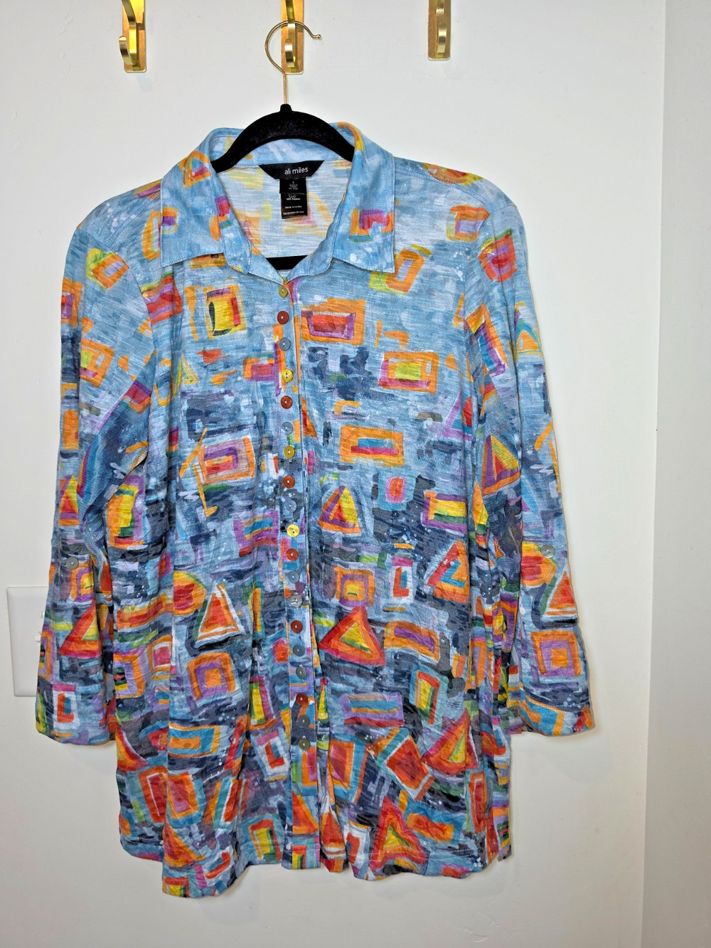 Ali Miles Artsy Tunic Blouse L Colorful Abstract Button Front Top Lagenlook